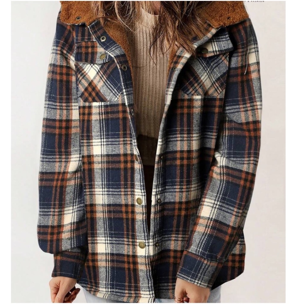 Cozy Plaid Print Teddy Lined Button Jacket Shacket